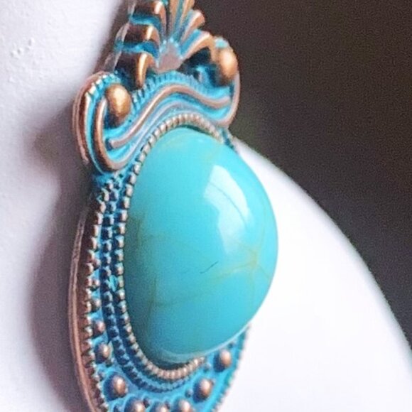 1 1/4" Ornate Southwestern Boho Burnished Gold Turquoise Bead Dangle Earrings - Picture 4 of 5